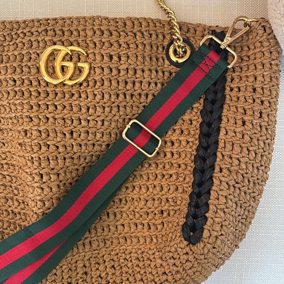 NEW Gucci Marmont GG Raffia Straw Tote Bag w Shoulder Strap - Picture 7 of 8
